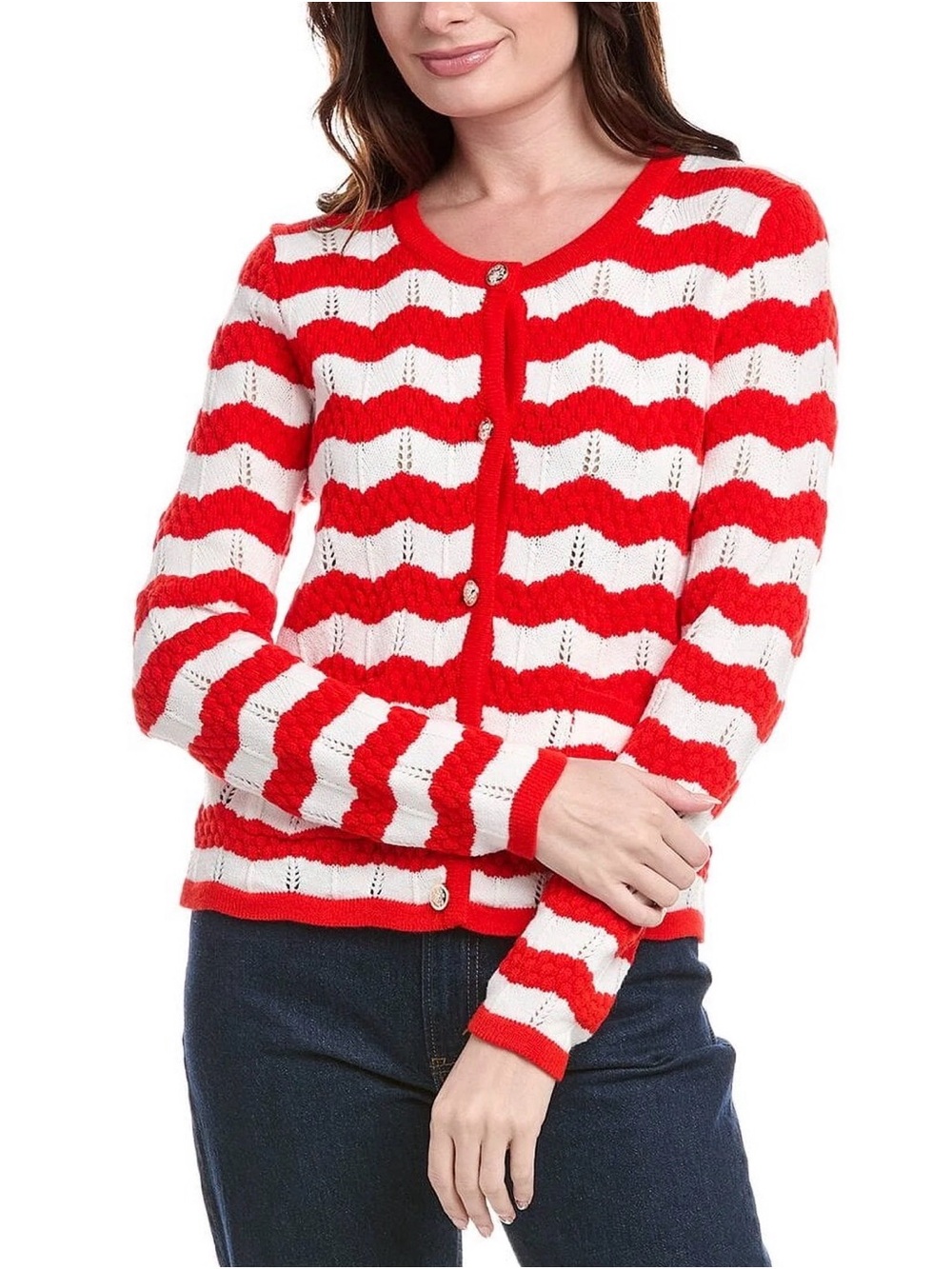 Nanette Lepore Red & White Wavy Stripe Button Cardigan Size Large